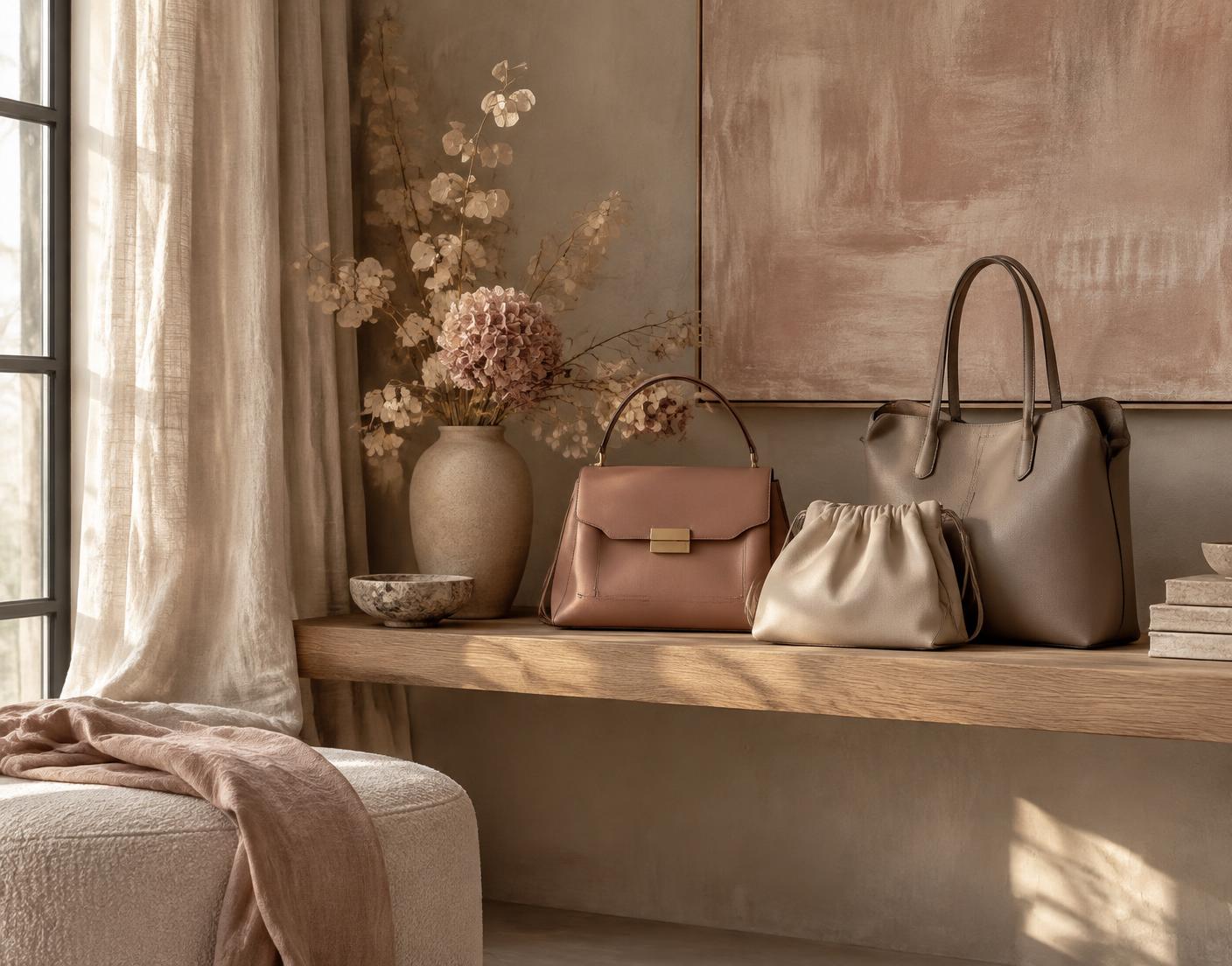 Luxury handbags arranged on a pale oak shelf in warm daylight